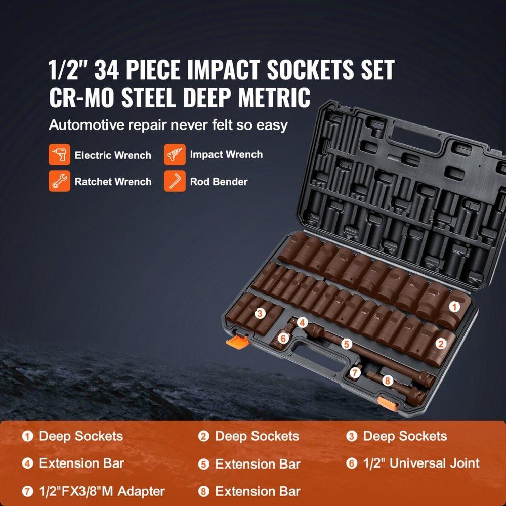 1/2" Drive Deep Impact Socket Set, 34pcs Socket Set Metric （8-36mm） 6 Point Cr-MO Alloy Steel for Auto Repair, Rugged Construction, Includes Heavy Duty Storage Case