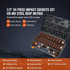 1/2" Drive Deep Impact Socket Set, 34pcs Socket Set Metric （8-36mm） 6 Point Cr-MO Alloy Steel for Auto Repair, Rugged Construction, Includes Heavy Duty Storage Case