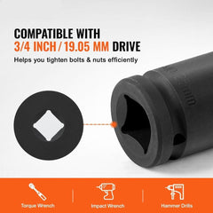 Axle Nut Impact Socket Set 3/4" Drive 6-Point 8PCS Metric Spindle Socket