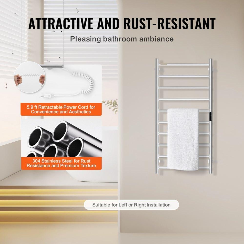 10 Bars Towel Warmer Rack Wall Mounted Heated Towel Rack Bathroom Silver