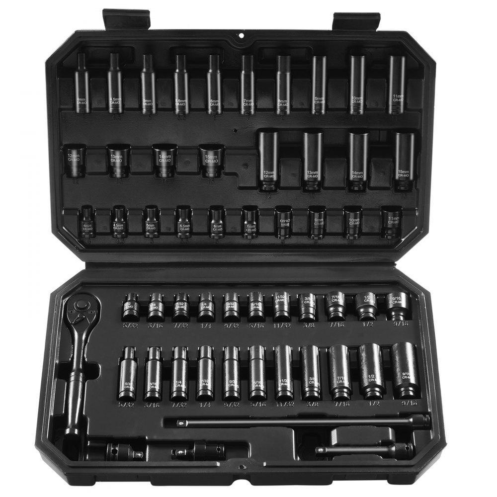 Impact Sockets Set 55pcs 6-Point 1/4" Drive Bit Ratchet Tool Kit Case