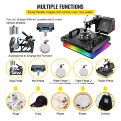 Heat Press 6 in 1 Heat Press Machine 38x30cm T-shirt Press Mug Printing Machine Multifuctional Heat Transfer Machine for T-shirt Mug Hat Plate Sublimation Printing