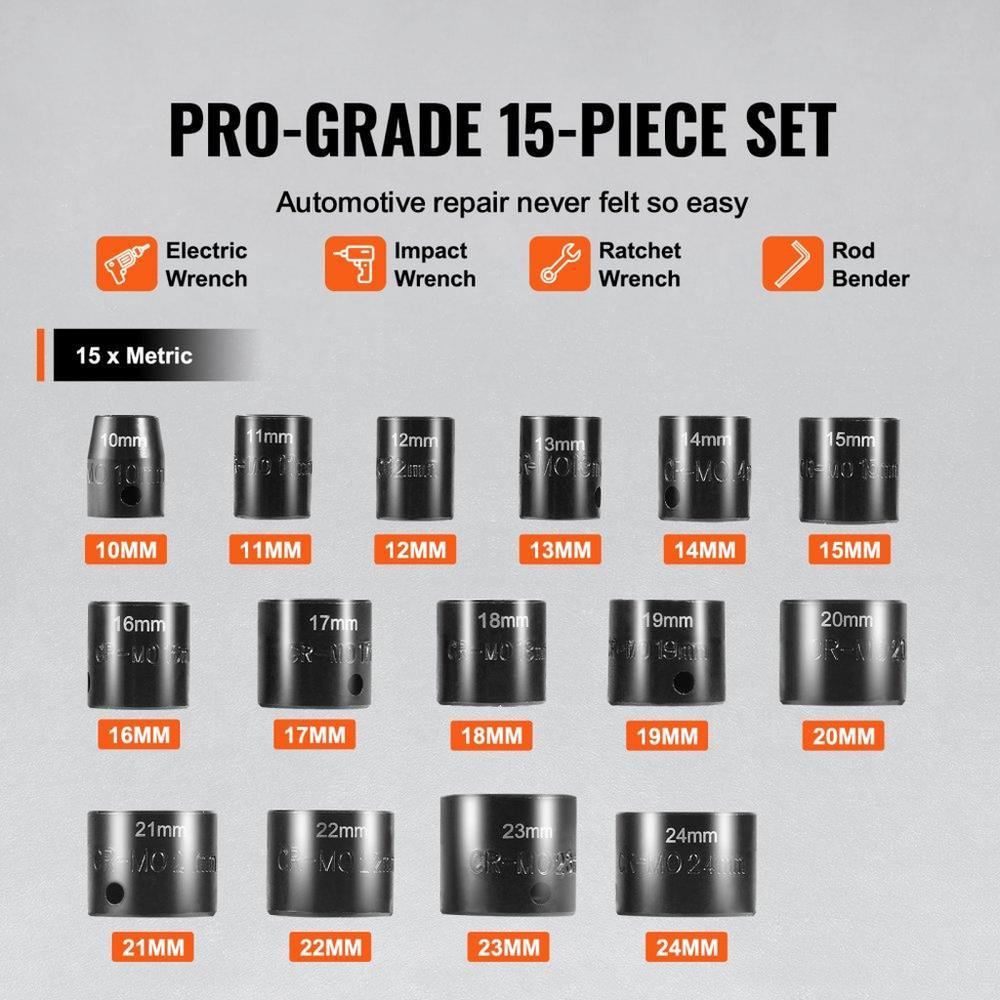 Impact Sockets Set 15pcs 6-Point 3/8" Drive Bit Ratchet Tool Kit 10-24mm