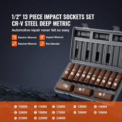 1/2" Drive Impact Socket Set, 13 Piece Deep Socket Set Metric 10-24mm, 6 Point CR-V Alloy Steel for Auto Repair, Easy-to-Read Size Markings, Rugged Construction, Includes Storage Case