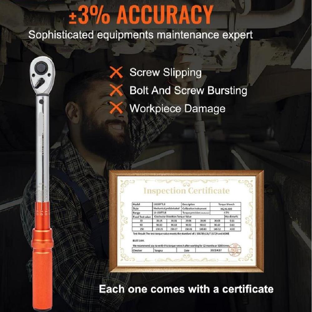 Torque Wrench, 1.3 cm Drive Click Torque Wrench 10-150ft.lb/14-204n.m, Dual-Direction Adjustable Torque Wrench Set, Mechanical Dual Range Scales Torque Wrench Kit with Adapters Extension Rod