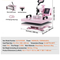 Heat Press Machine 38x38 cm 5 in 1 with 850.5 g Tumbler Press T-Shirts Pink
