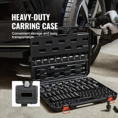 3/8" Drive Impact Socket Set, 90 Piece Socket Set SAE 1/4"-3/4" and Metric 6-19mm, 6 Point Cr-Mo Alloy Steel for Auto Repair, Includes Extension Bars Universal Joint Adapter Lock Storage Case