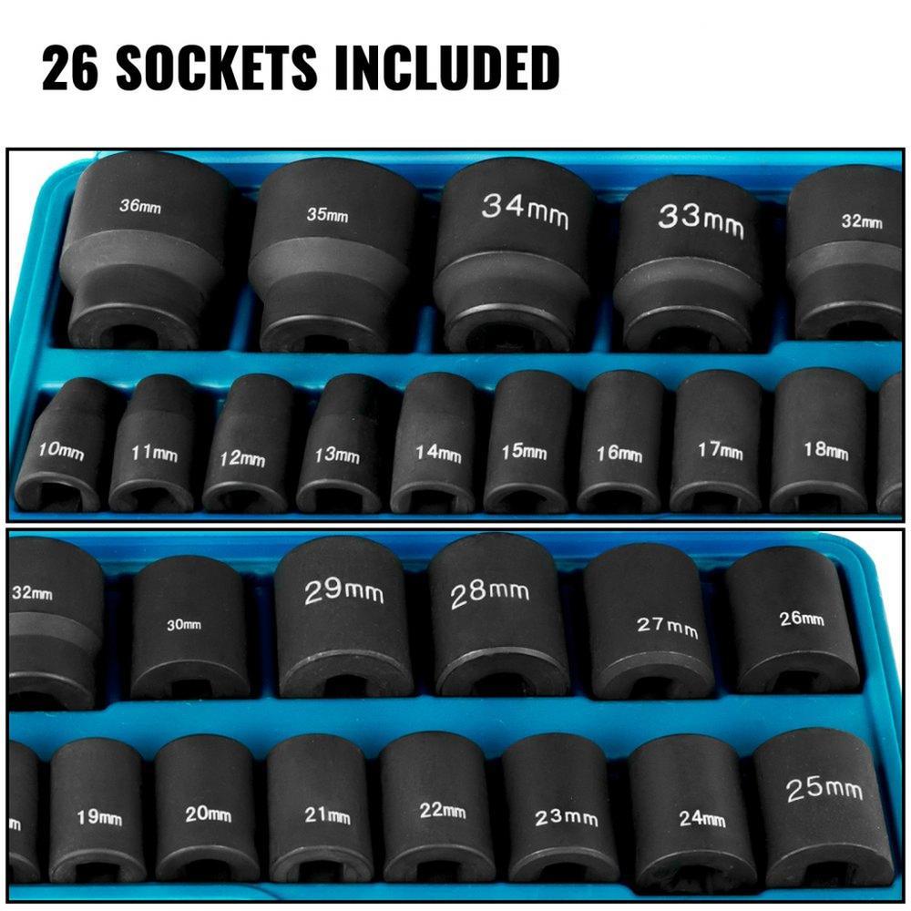 Impact Socket Set 1/2 Inches 26 Piece Impact Sockets, Shallow Socket, 6-Point Sockets, Rugged Construction, CR-V, 1/2 Inches Drive Socket Set Impact Metric 10mm - 36mm, with a Storage Cage