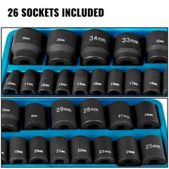 Impact Socket Set 1/2 Inches 26 Piece Impact Sockets, Shallow Socket, 6-Point Sockets, Rugged Construction, CR-V, 1/2 Inches Drive Socket Set Impact Metric 10mm - 36mm, with a Storage Cage