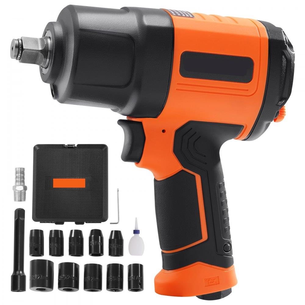 1.27 cm Air Impact Wrench, High Torque Up to 1898.15 N·m, Lightweight 2.1 kg Design Pneumatic Impact Gun with 11-PCS 1.27 cm Drive CR-V Steel Impact Socket Set & Carrying Case