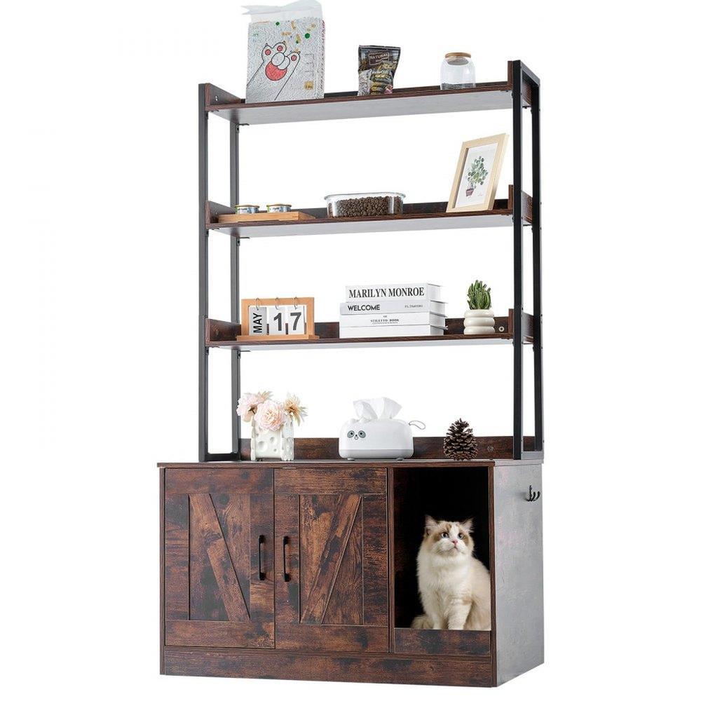 Cat Litter Box Enclosure Wooden Litter Box Furniture Hidden with 3 Shelves