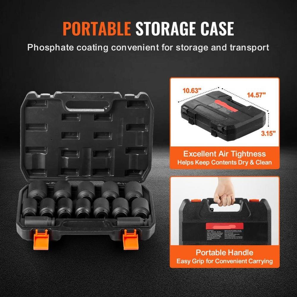 Axle Nut Impact Socket Set 1/2" Drive Deep 6+12-Point 14PCS Metric Socket