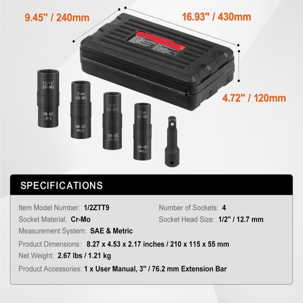 Lug Nut Impact Socket Set 1/2 in Drive Metric and SAE 6-Point Flip Socket