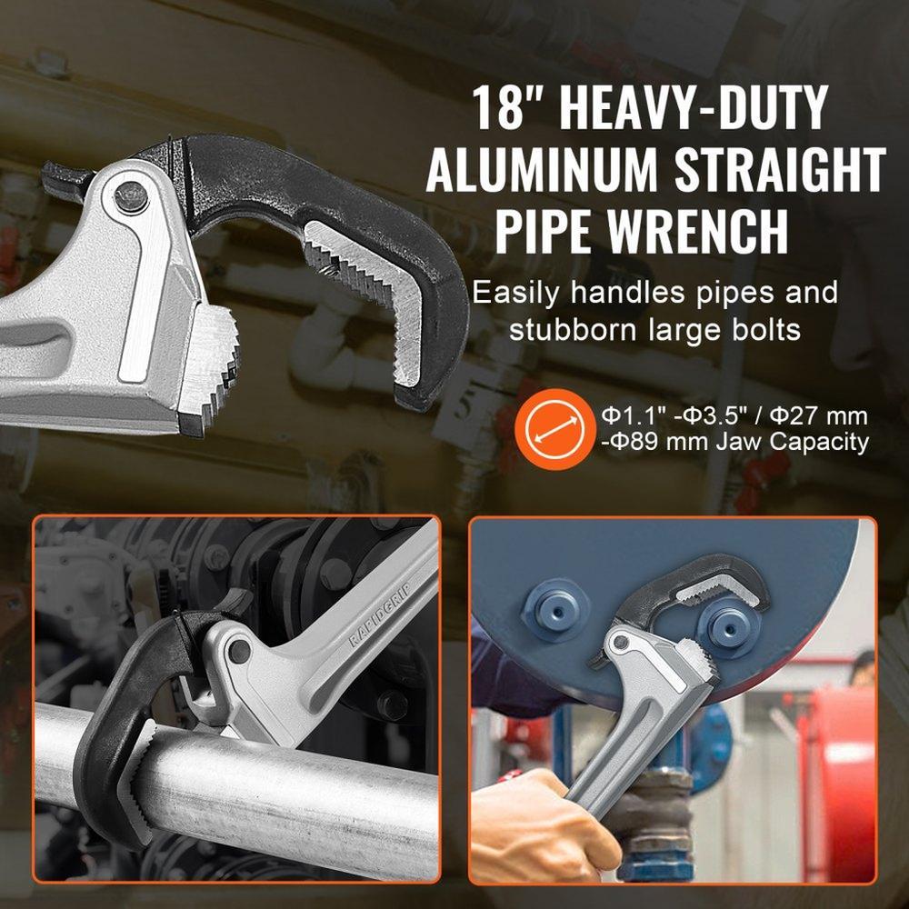 Aluminum Straight Pipe Wrench 18 in Automatic Jaw Adjustment 60CRV Jaw