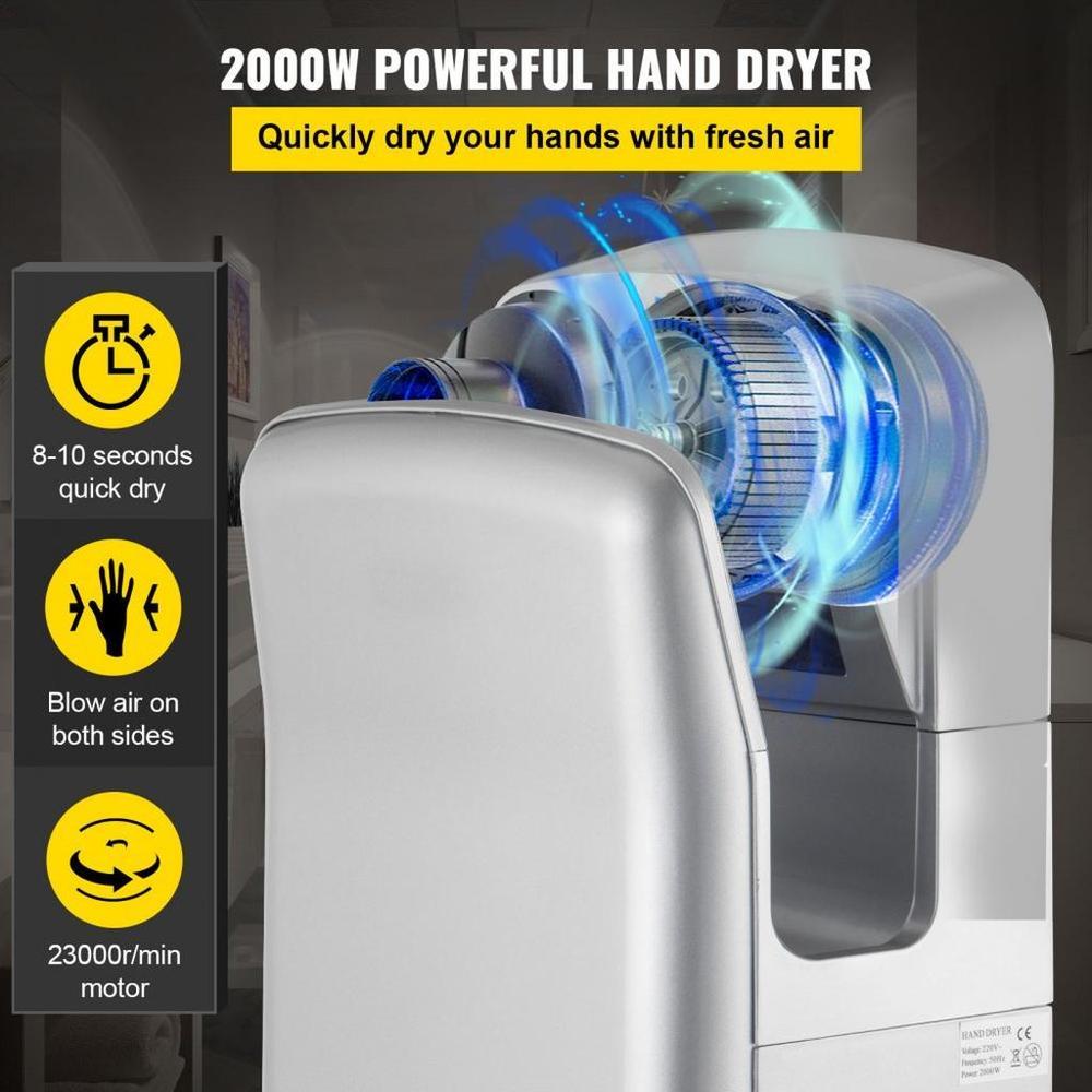 Jet Hand Dryer, Premium Electric Commercial Blade Hand Dryer, ABS Air Dryer Hand with HEPA Filtration Wall Mount Hand Dryer, 2000W 220V Vertical Hand Dryer, High-Speed Automatic Infrared Silver