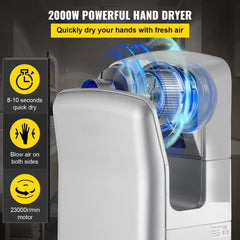 Jet Hand Dryer, Premium Electric Commercial Blade Hand Dryer, ABS Air Dryer Hand with HEPA Filtration Wall Mount Hand Dryer, 2000W 220V Vertical Hand Dryer, High-Speed Automatic Infrared Silver