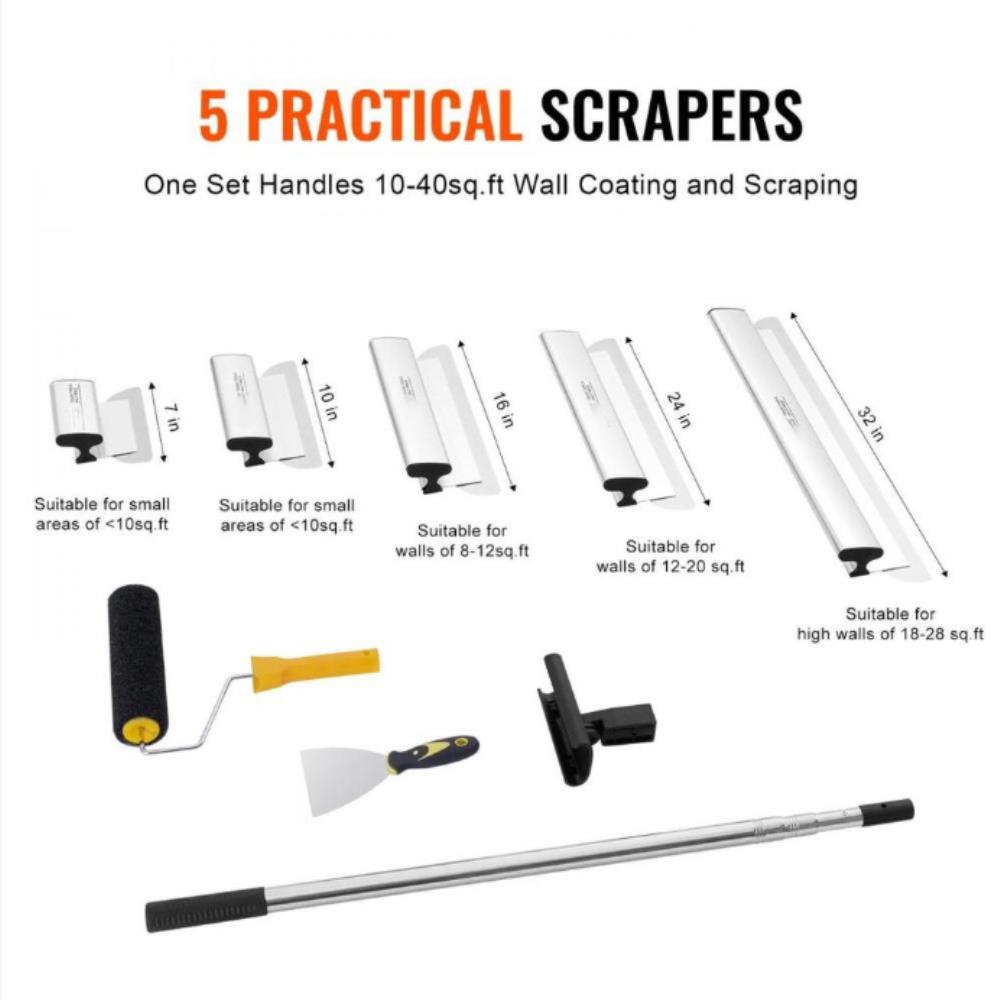 Drywall Skimming Blade Set, 7/10/14/16/24 in (17.8/25.4/35.6/40.6/61 cm)Skimming Blades + 34 - 81.6 in/86.4 - 207 cm Extension Handle Pole, Stainless Steel Knife Professional Skim Coat Tools, for Gyprock/WallBoard/Plasterboard