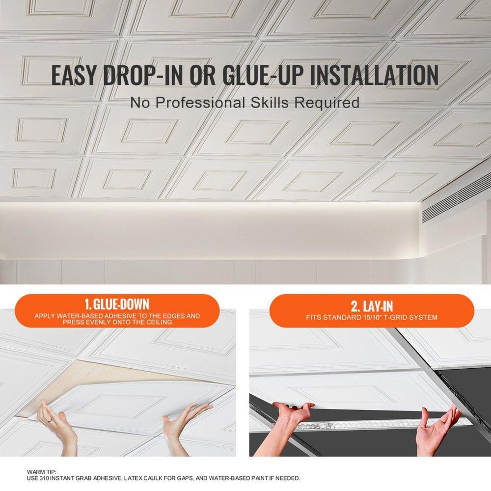 Ceiling Tiles 12-Pack 24 x 24 in PVC Easy Installation White Geometric