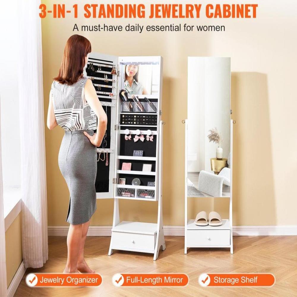 Mirror Jewelry Cabinet Standing Mirror with Storage Full Length White