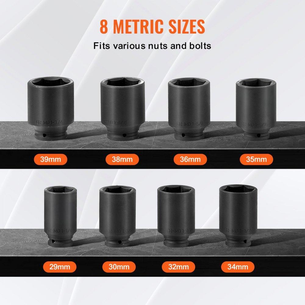 Axle Nut Impact Socket Set 1/2" Drive Deep 12-Point 8PCS Metric Nut Socket