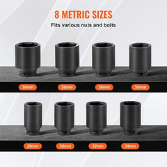Axle Nut Impact Socket Set 1/2" Drive Deep 12-Point 8PCS Metric Nut Socket