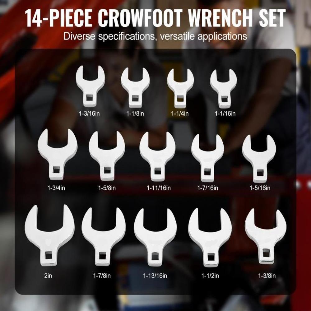 Crowfoot Wrench Set, 1/2" Drive 14-Piece SAE (1-1/16" - 2") Crows Foot Wrench Set with Storage Tray, 40CR Material with Laser Etched Sizing, for Mechanical Maintenance or Repairs
