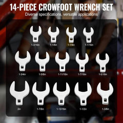 Crowfoot Wrench Set, 1/2" Drive 14-Piece SAE (1-1/16" - 2") Crows Foot Wrench Set with Storage Tray, 40CR Material with Laser Etched Sizing, for Mechanical Maintenance or Repairs