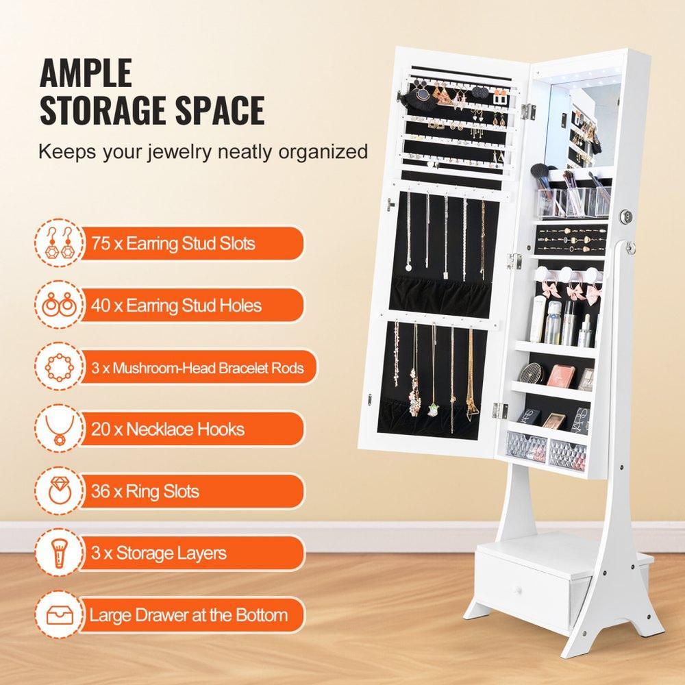 Mirror Jewelry Cabinet Standing Mirror with Storage Full Length White