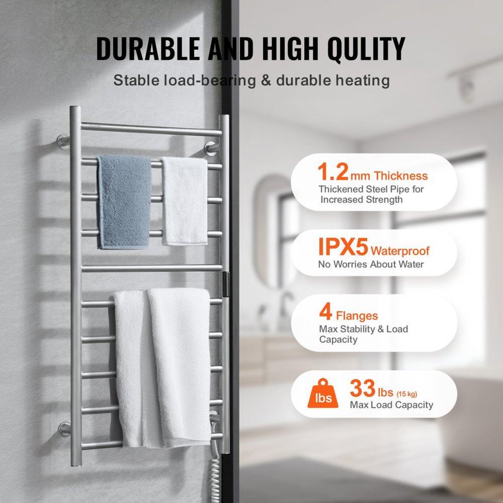 10 Bars Towel Warmer Rack Wall Mounted Heated Towel Rack Bathroom Silver