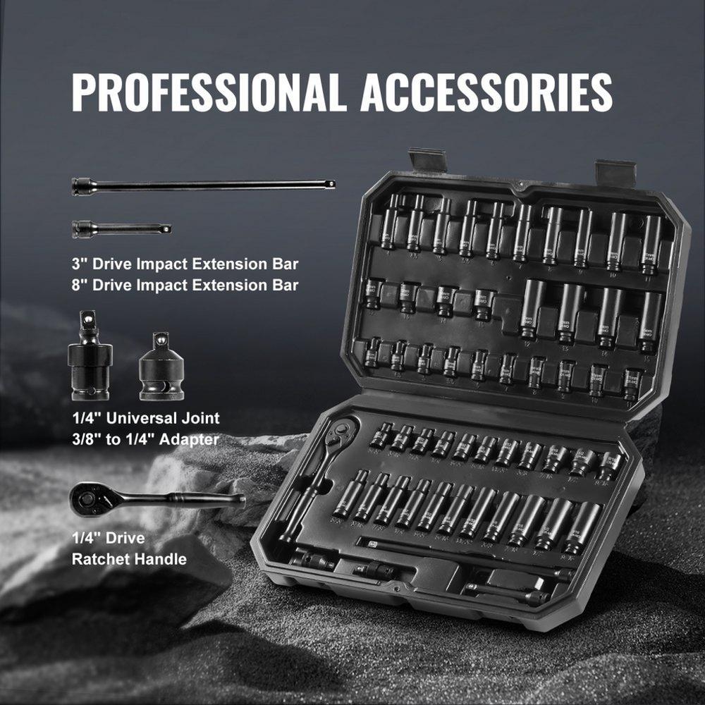 Impact Sockets Set 55pcs 6-Point 1/4" Drive Bit Ratchet Tool Kit Case