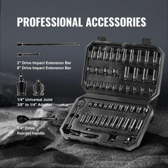 Impact Sockets Set 55pcs 6-Point 1/4" Drive Bit Ratchet Tool Kit Case