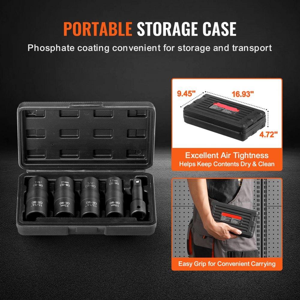 Lug Nut Impact Socket Set 1/2 in Drive Metric and SAE 6-Point Flip Socket