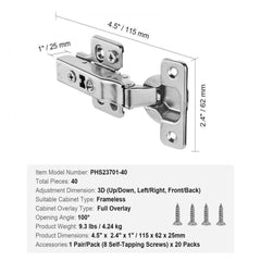 Cabinet Door Hinges 40 Packs Full Overlay Soft Close for Frameless Type