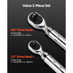 Digital Torque Wrench Set 2 Pieces 1/2 3/8 Inch Drive 72-Tooth Electronic