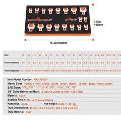 Crowfoot Wrench Set, 3/8" Drive 20-Piece Crows Foot Wrench Set with 2 Extension Bars and EVA Tool Organizer, SAE 3/8"-7/8" and Metric 10-22 mm, 40CR Material with Mirror Chrome Finish