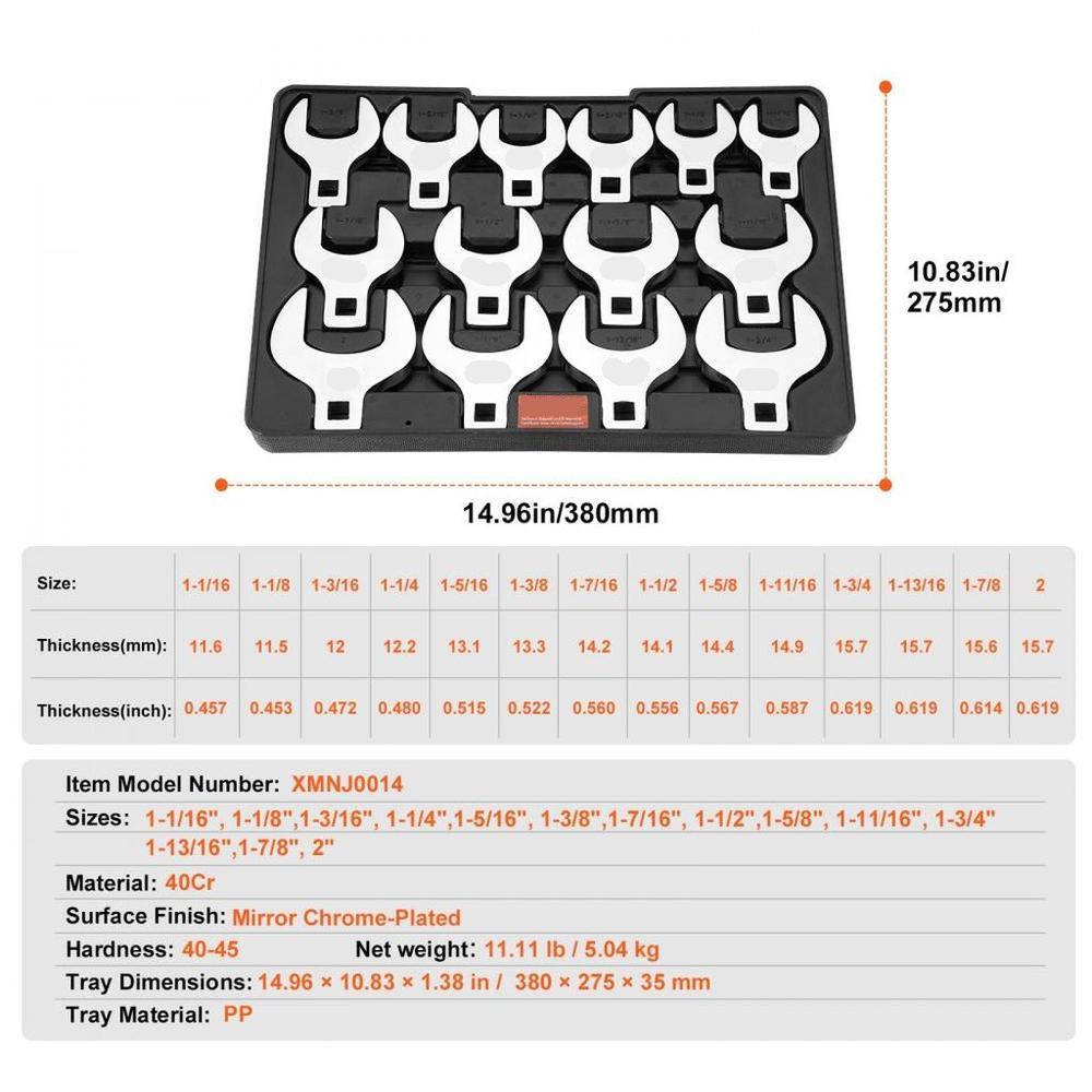 Crowfoot Wrench Set, 1/2" Drive 14-Piece SAE (1-1/16" - 2") Crows Foot Wrench Set with Storage Tray, 40CR Material with Laser Etched Sizing, for Mechanical Maintenance or Repairs