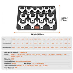 Crowfoot Wrench Set, 1/2" Drive 14-Piece SAE (1-1/16" - 2") Crows Foot Wrench Set with Storage Tray, 40CR Material with Laser Etched Sizing, for Mechanical Maintenance or Repairs
