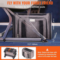 Cat Carrier with Wheels, Airline Approved Rolling Pet Carrier with Telescopic Handle and Shoulder Strap, Dog Carrier with Wheels for Pets under 25 lbs, with 1 Folding Bowl, Grey