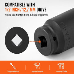 Axle Nut Impact Socket Set 1/2" Drive Deep 6+12-Point 14PCS Metric Socket