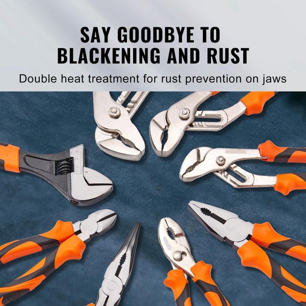 Pliers Set, 8-Piece, High Carbon Steel, 30.5cm/25.4cm/20.3cm Groove Joint Pliers, 20.3cm Linesman's Pliers, 15.2cm Slip Joint Pliers, 20.3cm Long Nose Pliers, 15.2cm Diagonal Cutter, 25.4cm Adjustable Wrench, and Tool Bag