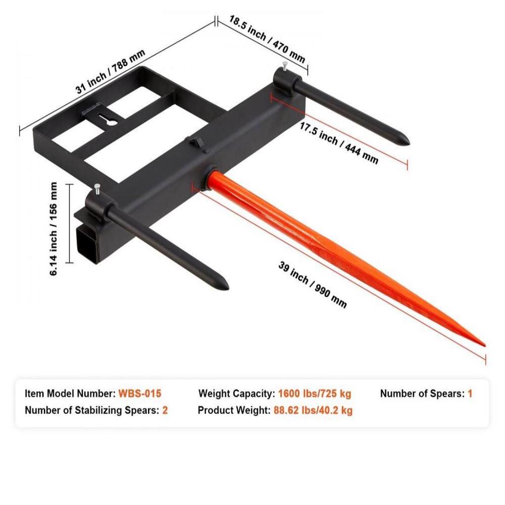 39" Hay Spear, Bale Spears 1600lbs Loading Capacity, Skid Steer Loader Tractor Bucket Attachment with 2pcs 17.5" Stabilizer Spears and 60" Chain, Quick Attach Spike Forks