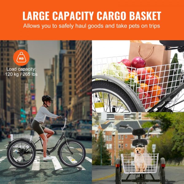 Adult Trike, 26 Wheel, 7-Speed Carbon Steel Frame, with Basket & Adjustable Seat, Picnic & Shopping, for Seniors & Everyone - Black - Image 6