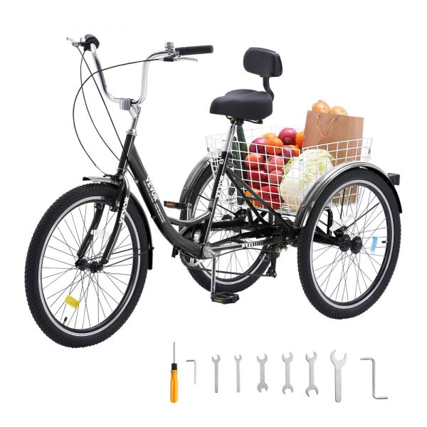 Adult Trike, 26 Wheel, 7-Speed Carbon Steel Frame, with Basket & Adjustable Seat, Picnic & Shopping, for Seniors & Everyone - Black