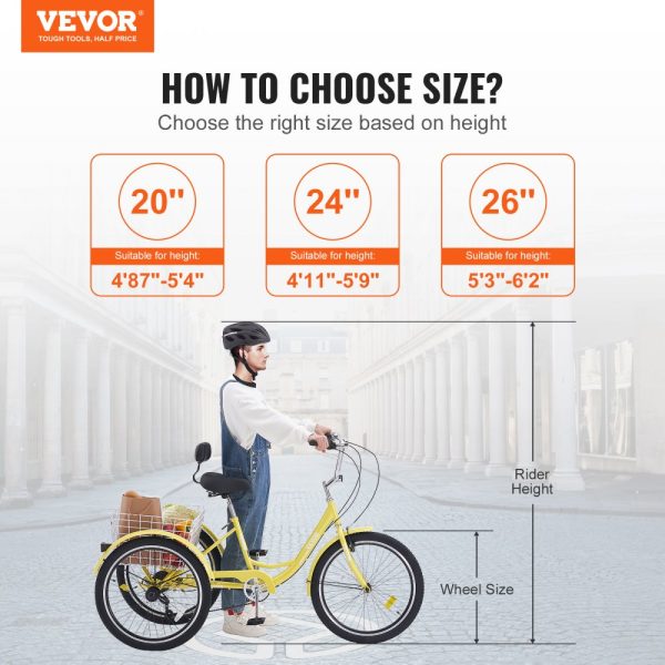 7-Speed Adult Tricycle, 26 Inch Wheels, Carbon Steel Frame with Basket, Adjustable Seat, Multi-Purpose Design for Seniors, Women, and Men - Yellow - Image 2