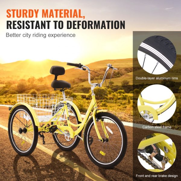 7-Speed Adult Tricycle, 26 Inch Wheels, Carbon Steel Frame with Basket, Adjustable Seat, Multi-Purpose Design for Seniors, Women, and Men - Yellow - Image 4