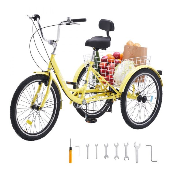 7-Speed Adult Tricycle, 26 Inch Wheels, Carbon Steel Frame with Basket, Adjustable Seat, Multi-Purpose Design for Seniors, Women, and Men - Yellow