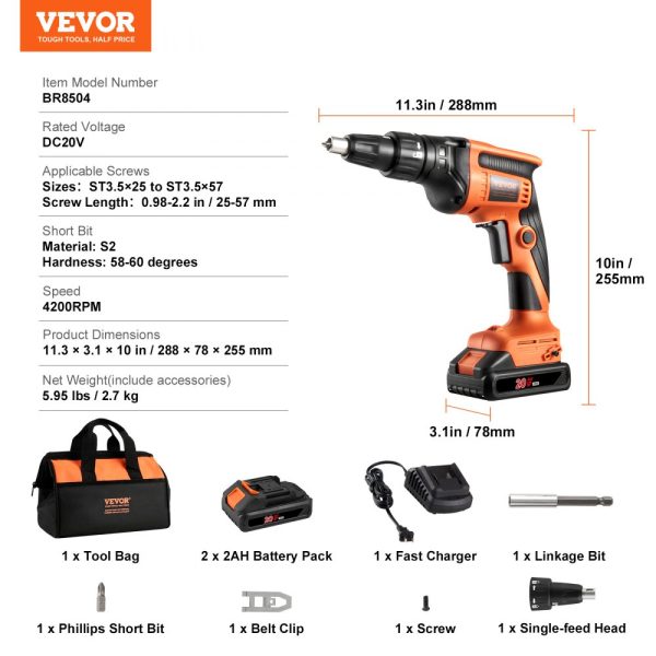 PowerPro 20V Max Drywall Screw Gun Kit, 4200RPM Brushless Cordless with 2 Batteries, Charger, Belt Clip, Tool Bag, Forward/Reverse Adjustable, Built-in LED Light - Image 7