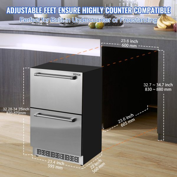 24 Inch Undercounter Refrigerator 2 Drawer Wine Fridge Variable Temperature 4.87 Cu Ft Waterproof for Home Use - Image 5