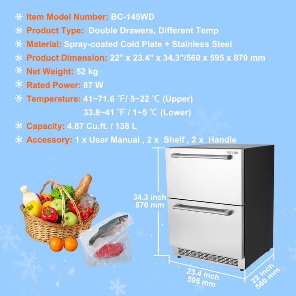 24 Inch Undercounter Refrigerator 2 Drawer Wine Fridge Variable Temperature 4.87 Cu Ft Waterproof for Home Use - Image 7
