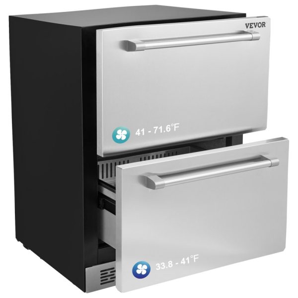 24 Inch Undercounter Refrigerator 2 Drawer Wine Fridge Variable Temperature 4.87 Cu Ft Waterproof for Home Use